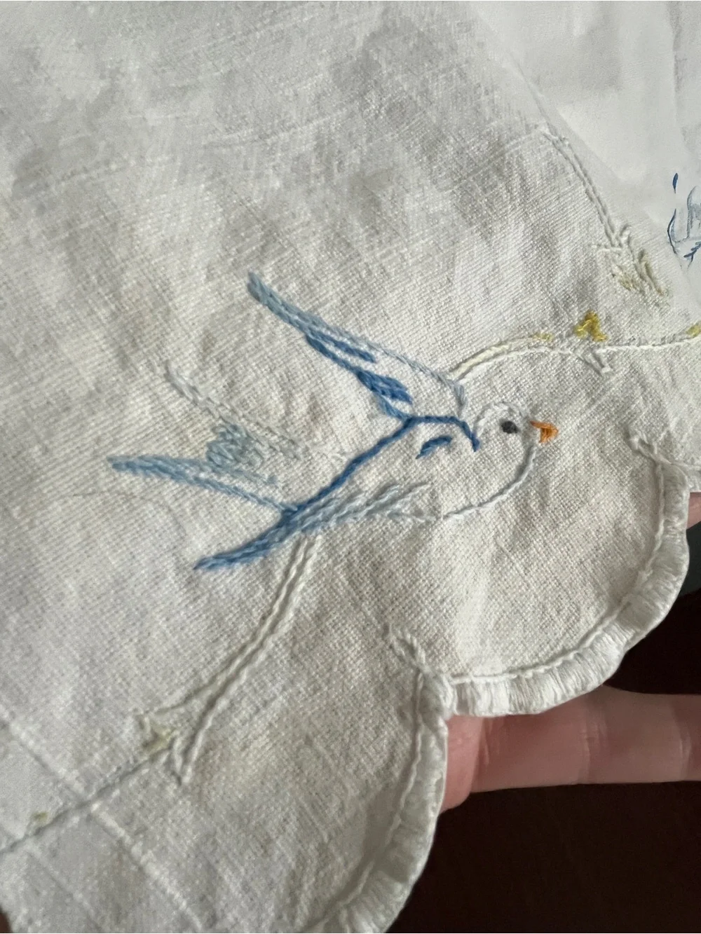 💜 Vintage Hand Embroidered Bluebird Table Runner FLAWED